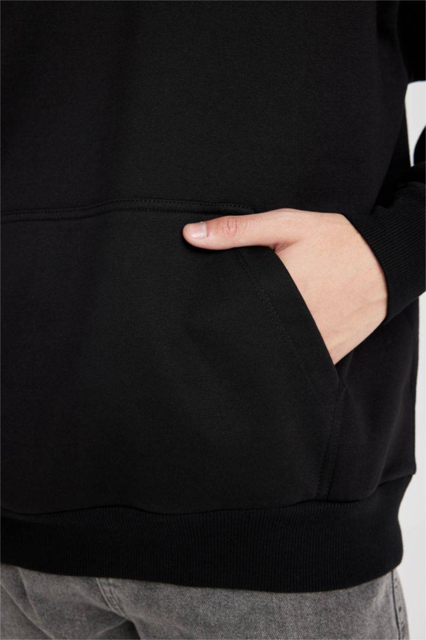 Erkek Siyah Oversize Geniş Kalıp Kapüşonlu Cepli Basic Düz Sweatshirt