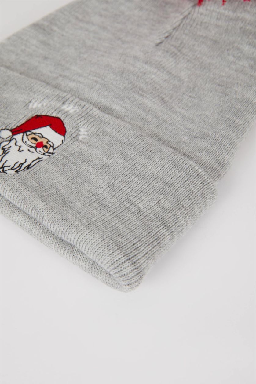 Kadın Açık Gri Kadın Noel Baba Baskılı Ponponlu Triko Bere