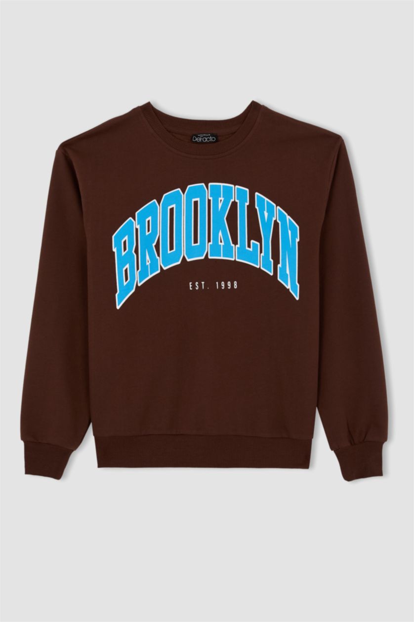 نساء بني سويت شيرت مطبوع قصة عادية بياقة مستديرة