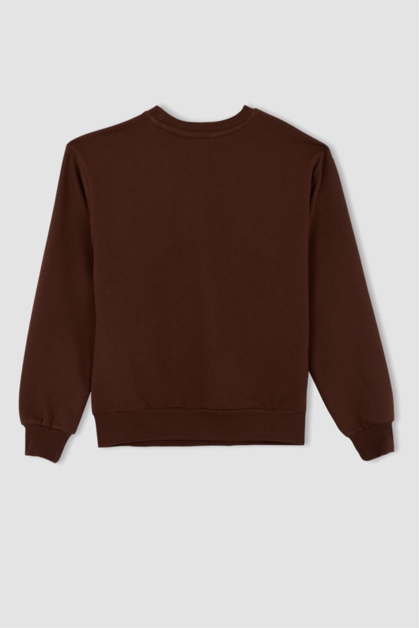 نساء بني سويت شيرت مطبوع قصة عادية بياقة مستديرة