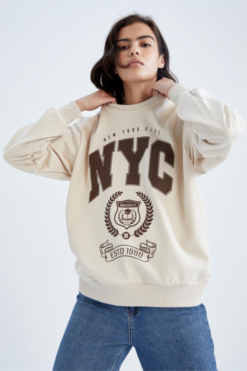 WOMAN Light Beige Regular Fit Printed Long Sleeve Sweatshirt