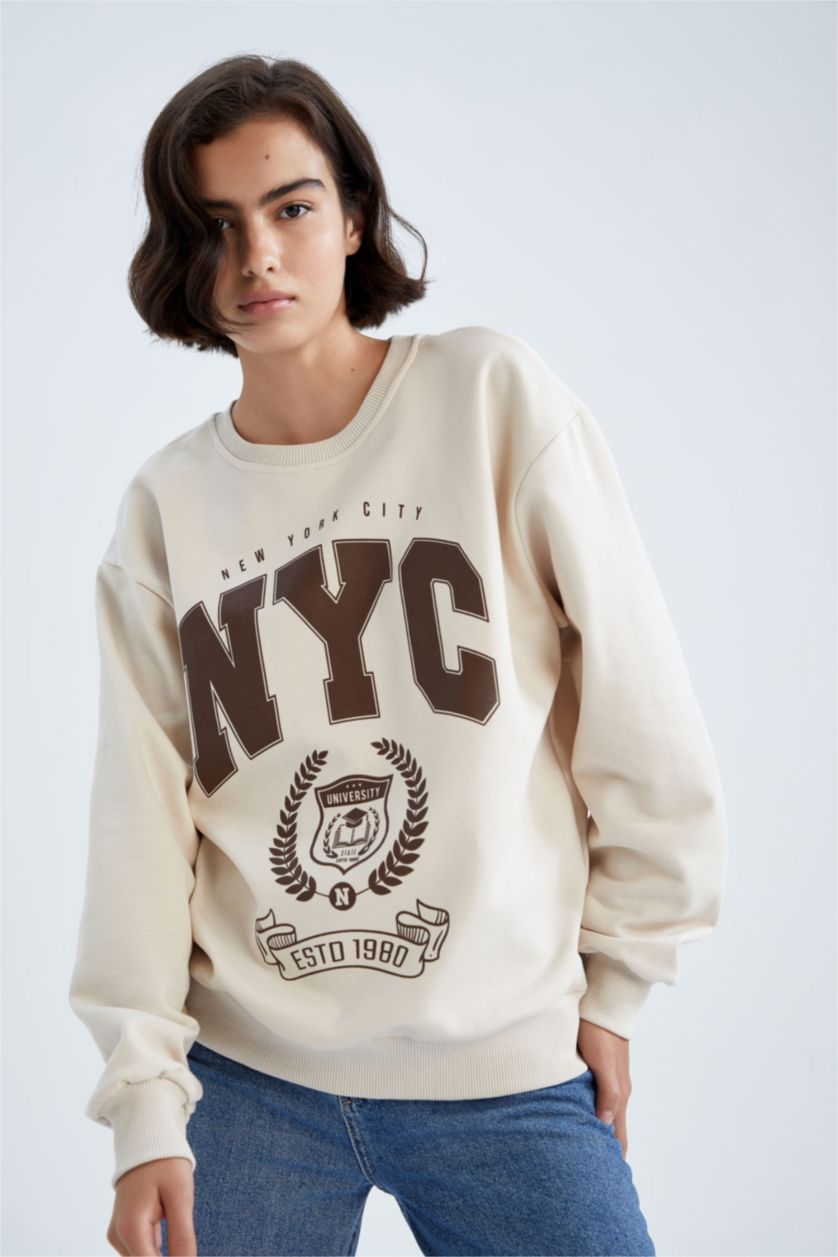 WOMAN Light Beige Regular Fit Printed Long Sleeve Sweatshirt