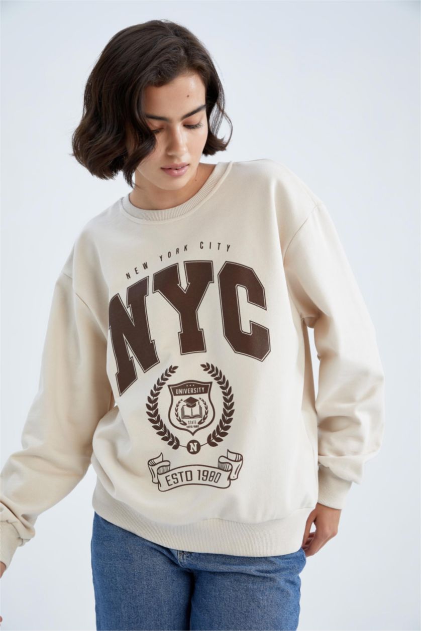 WOMAN Light Beige Regular Fit Printed Long Sleeve Sweatshirt