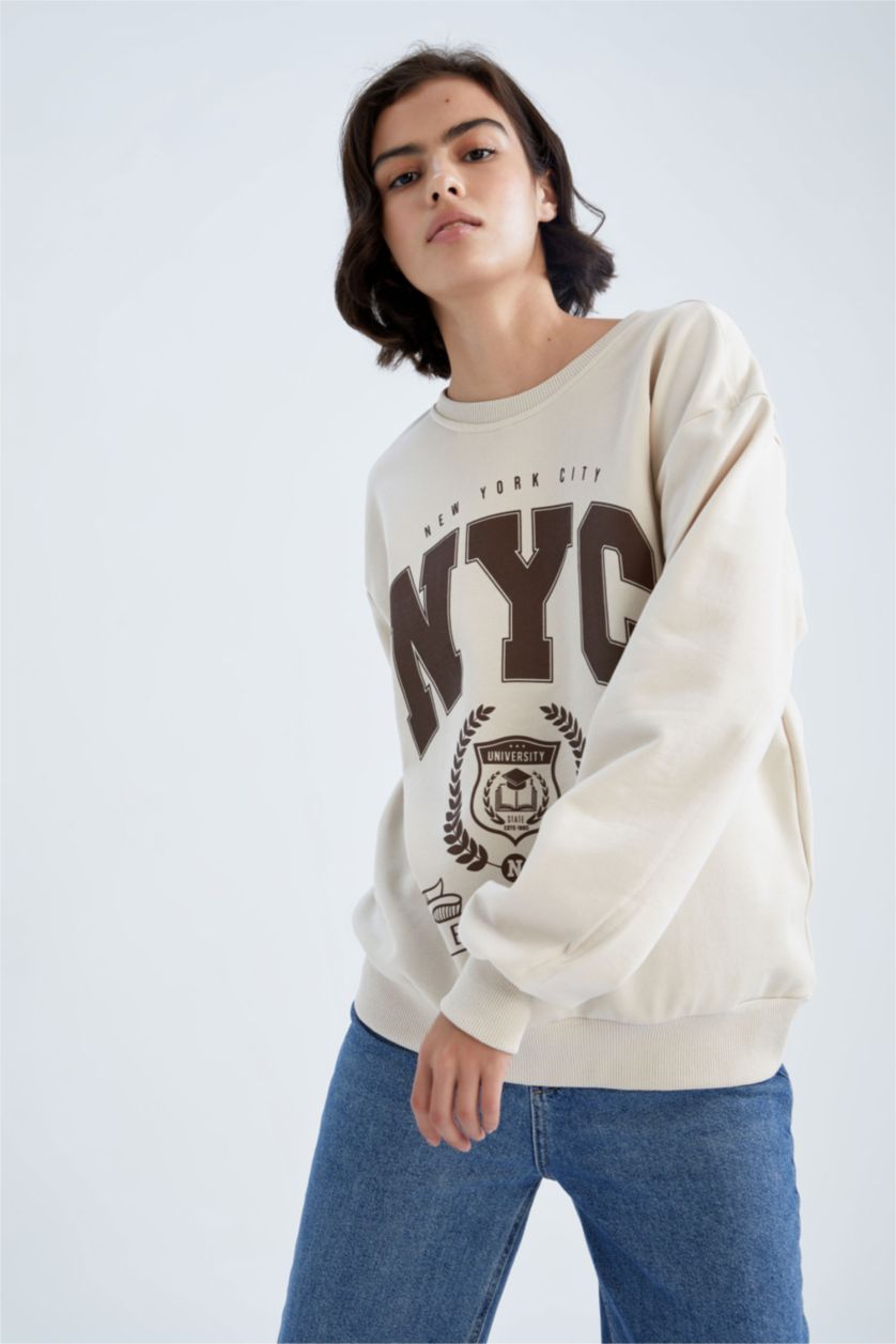 WOMAN Light Beige Regular Fit Printed Long Sleeve Sweatshirt