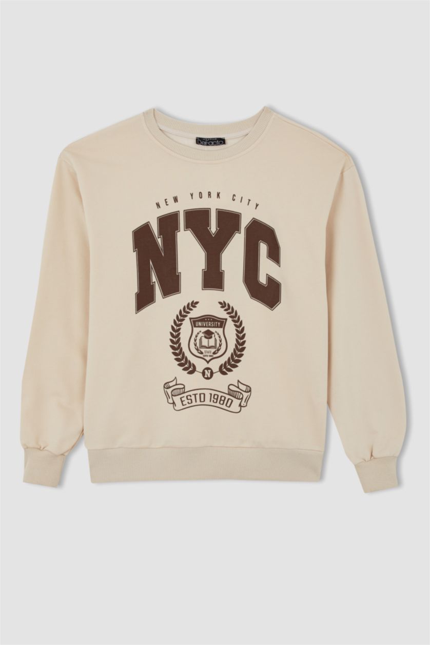 WOMAN Light Beige Regular Fit Printed Long Sleeve Sweatshirt