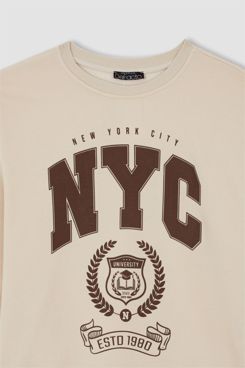 WOMAN Light Beige Regular Fit Printed Long Sleeve Sweatshirt