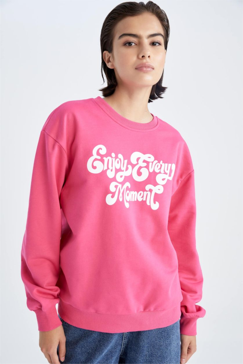 FEMME Rose Sweat-shirt en tissu fin imprimé à manches longues et col rond coupe classique