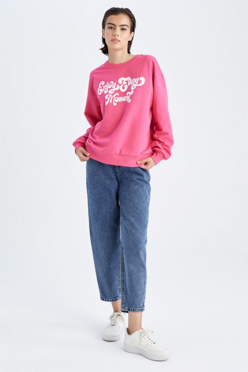 FEMME Rose Sweat-shirt en tissu fin imprimé à manches longues et col rond coupe classique