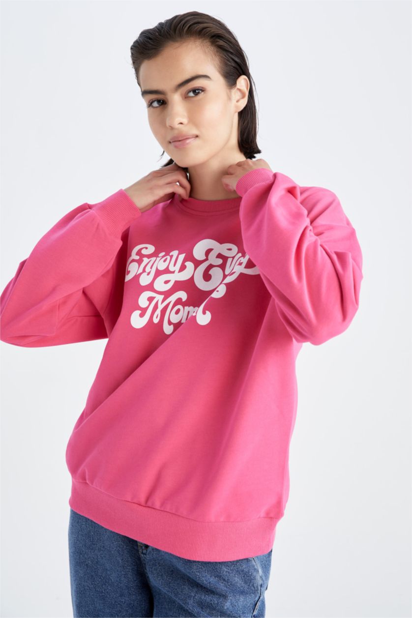 FEMME Rose Sweat-shirt en tissu fin imprimé à manches longues et col rond coupe classique