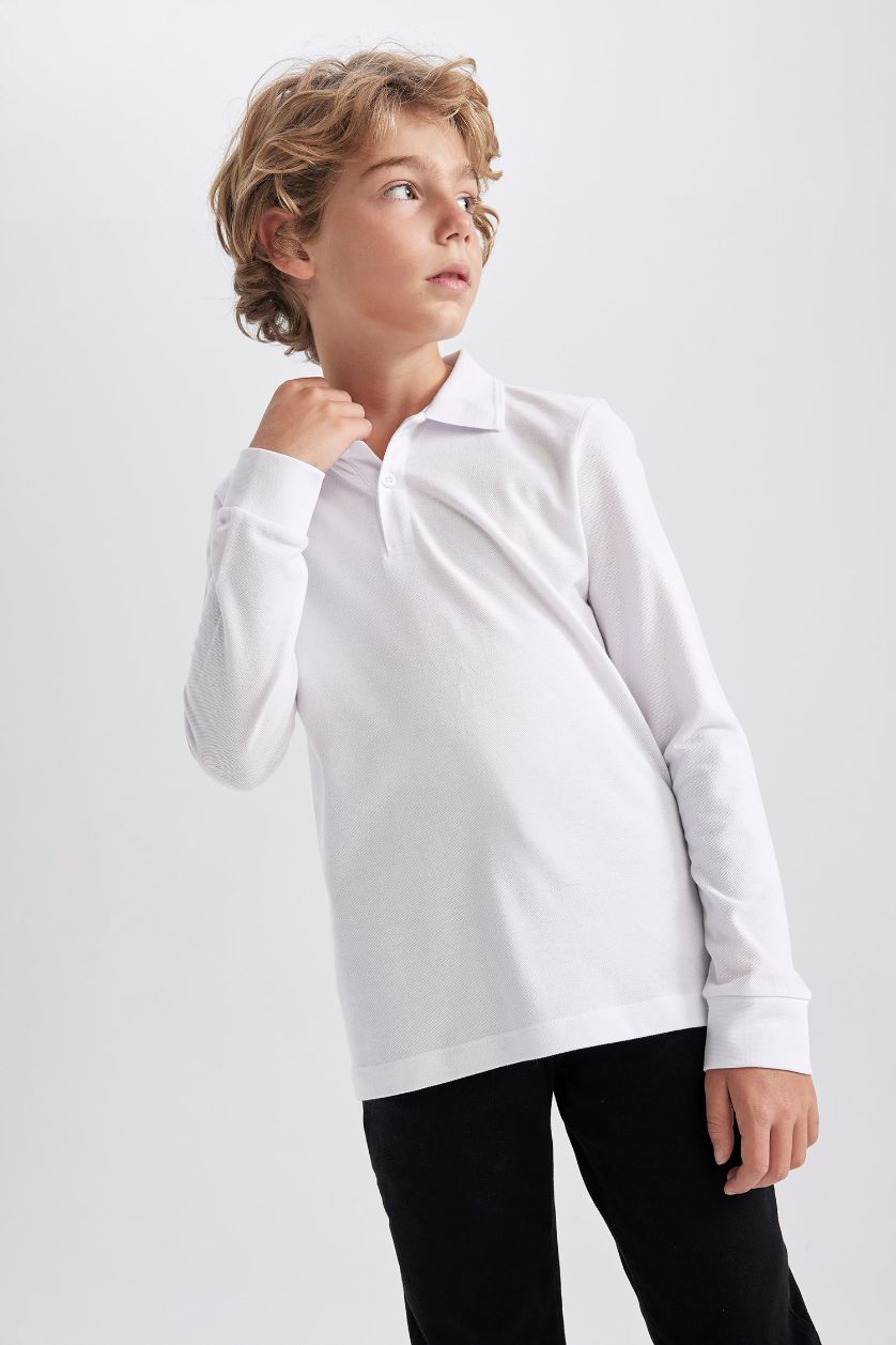 أولادي أبيض تيشيرت بولو مدرسه كم طويل قصة عادية - قطعتين