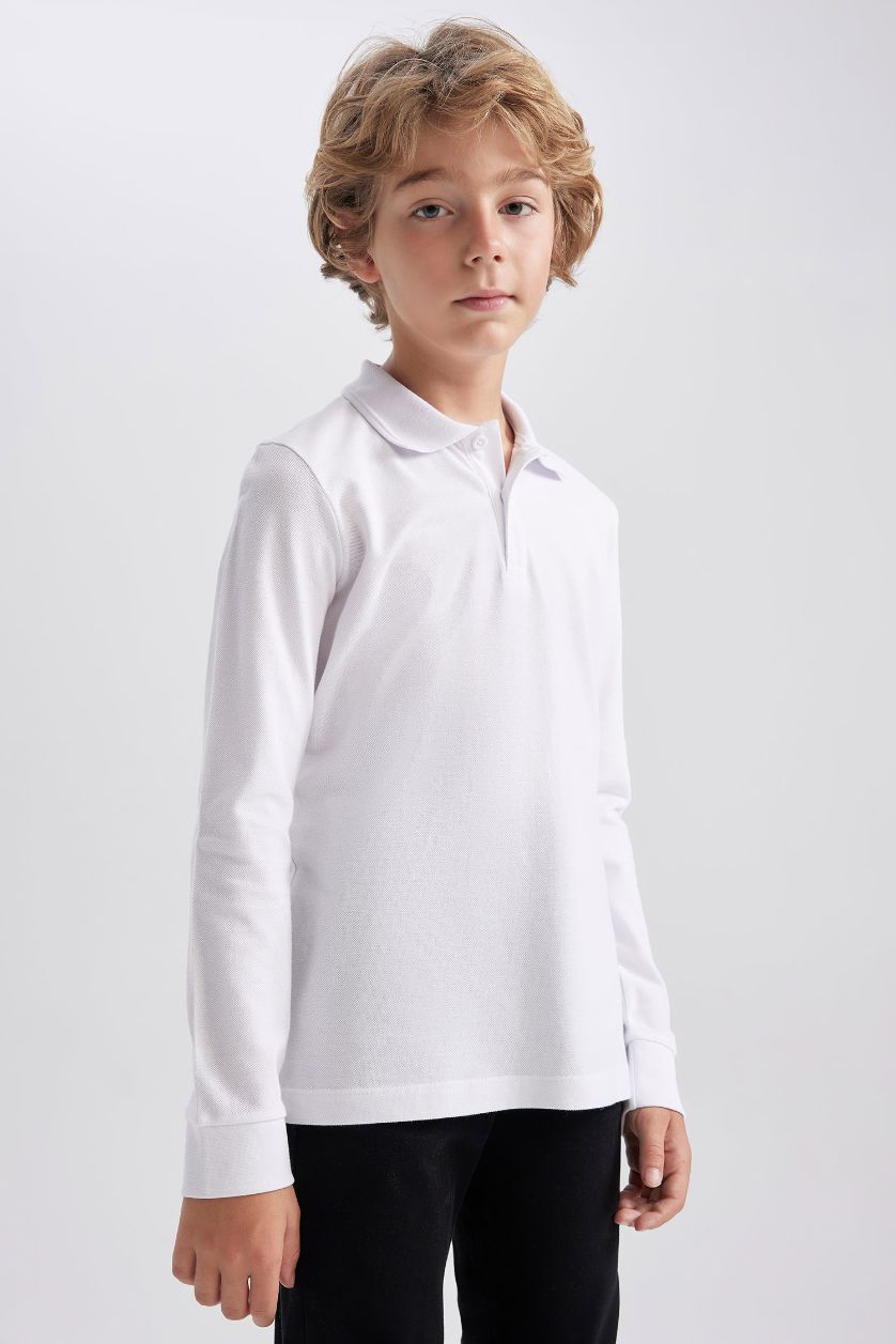 أولادي أبيض تيشيرت بولو مدرسه كم طويل قصة عادية - قطعتين