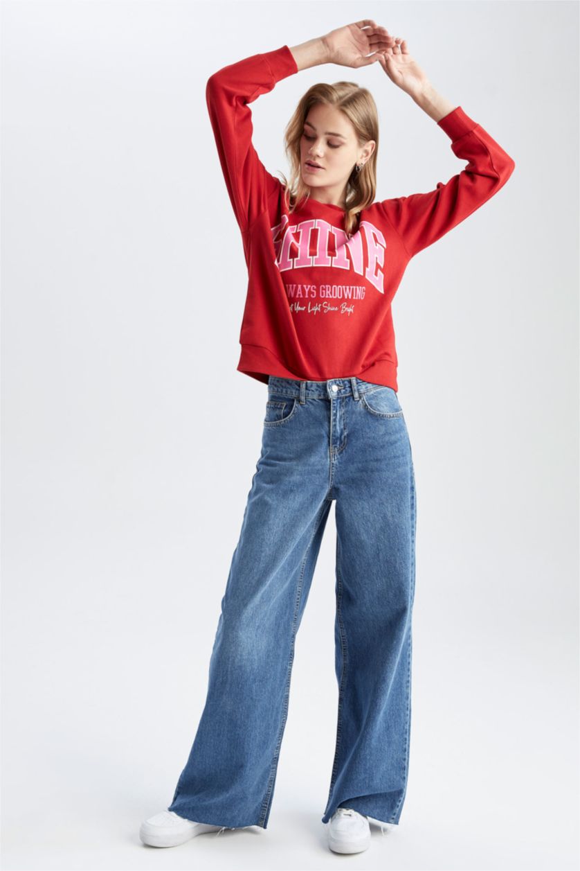 حريمي أحمر سويت شيرت مطبوع قصة عادية برقبة مستديرة