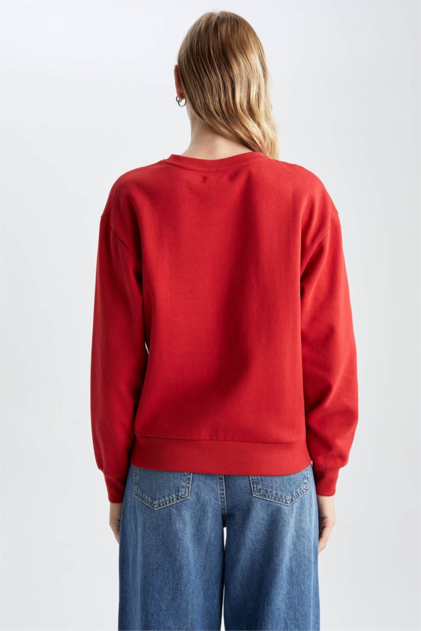 حريمي أحمر سويت شيرت مطبوع قصة عادية برقبة مستديرة