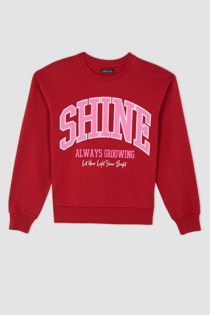 حريمي أحمر سويت شيرت مطبوع قصة عادية برقبة مستديرة