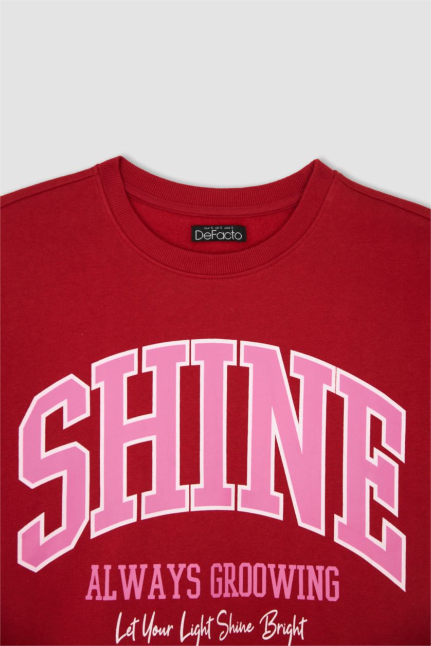 حريمي أحمر سويت شيرت مطبوع قصة عادية برقبة مستديرة