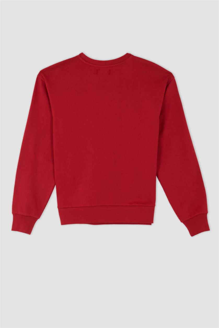 حريمي أحمر سويت شيرت مطبوع قصة عادية برقبة مستديرة