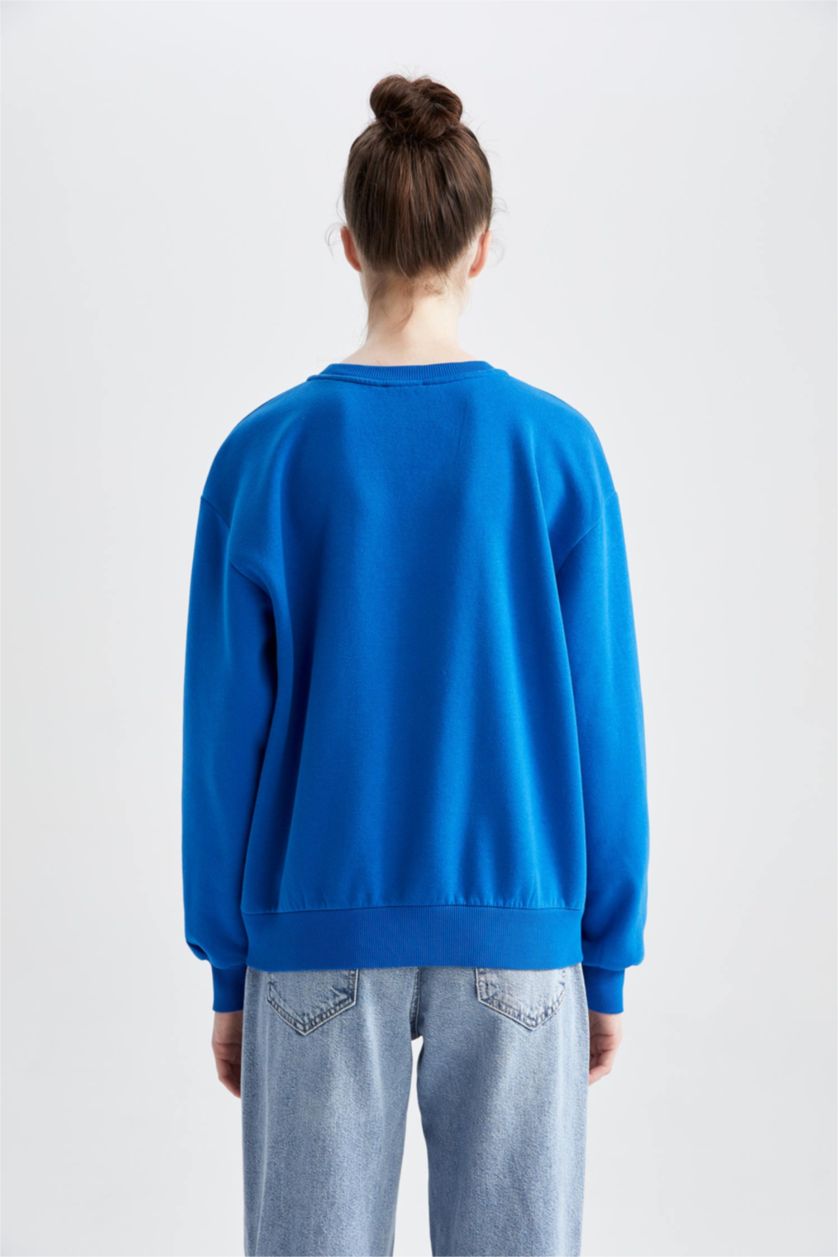 نساء اللون الملكي سويت شيرت قصة عادية بياقة مستديرة