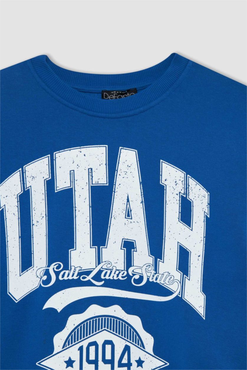 نساء اللون الملكي سويت شيرت قصة عادية بياقة مستديرة