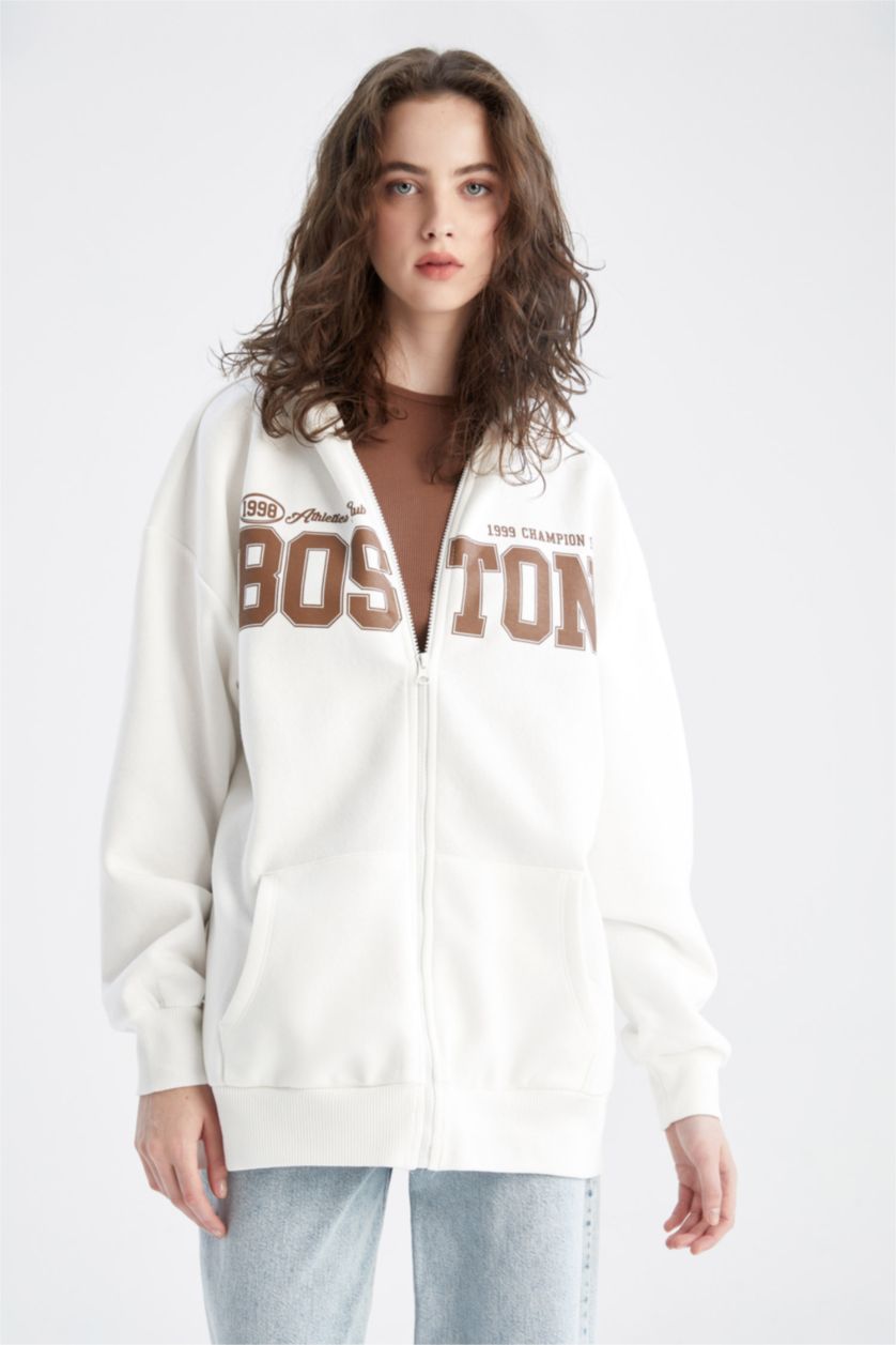 WOMAN Ecru Oversize Fit Thick Sweatshirt Fabric Cardigan