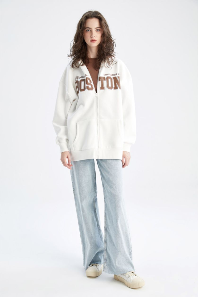 WOMAN Ecru Oversize Fit Thick Sweatshirt Fabric Cardigan