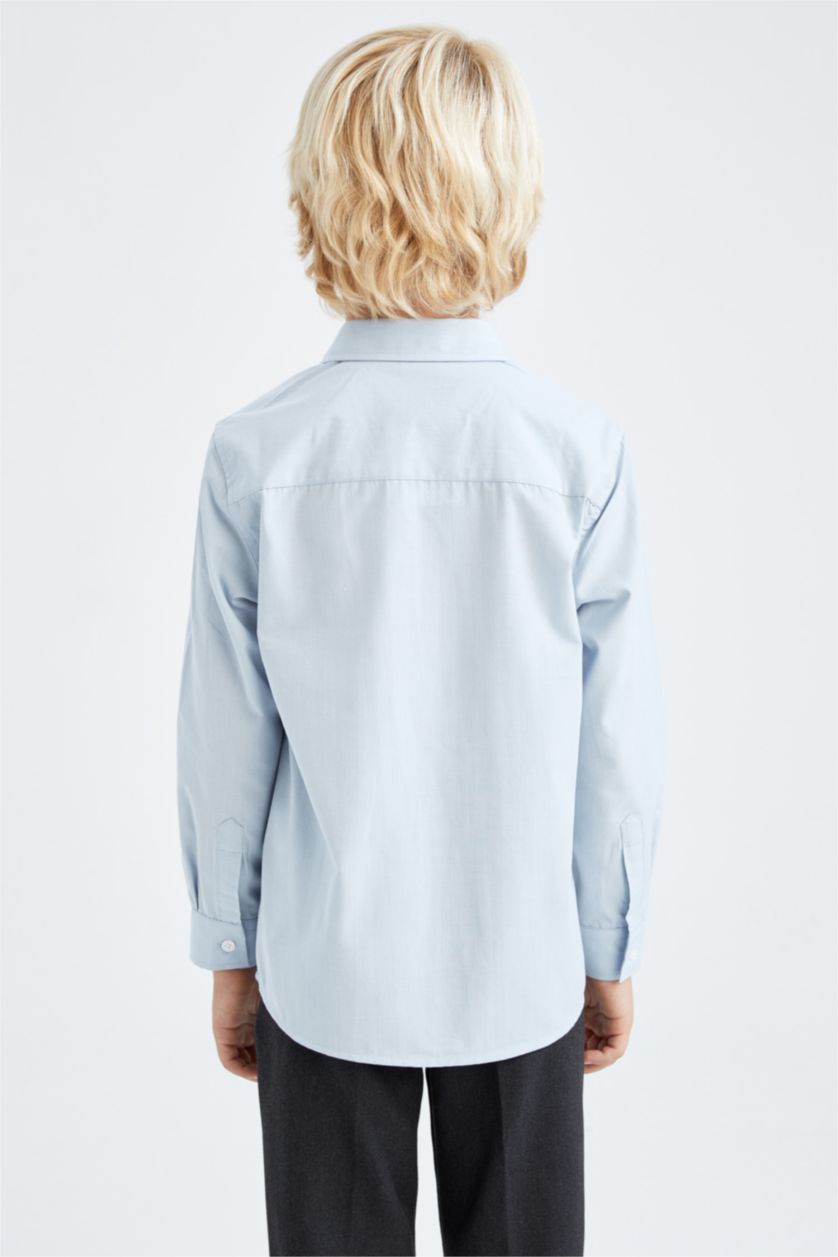 Erkek Çocuk - Genç Erkek Açık Mavi Erkek Çocuk Mavi Keten Görünümlü Uzun Kollu Okul Gömleği