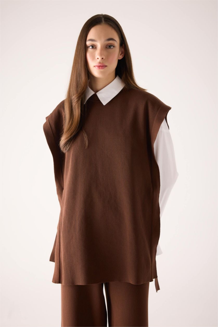 WOMAN Brown Regular Fit Crew Neck Vest