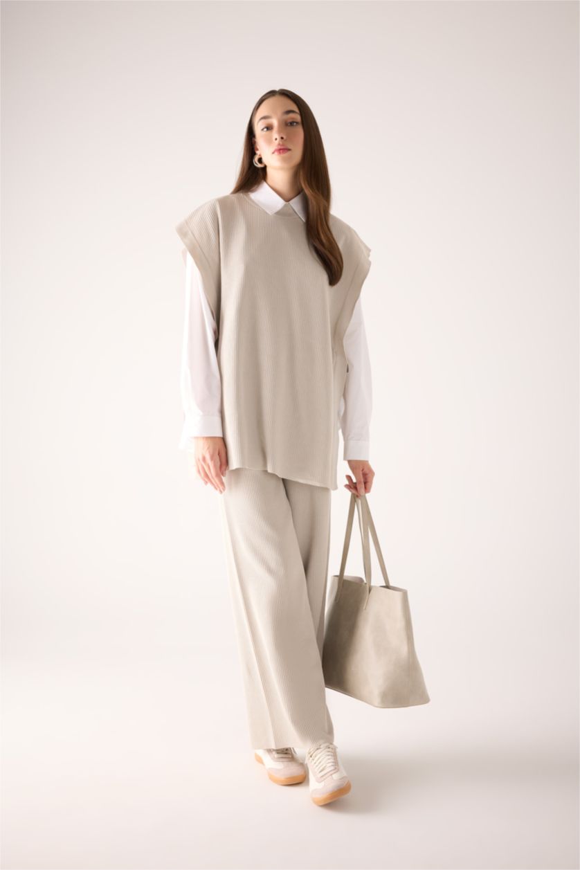 نساء رمادي بنطلون تريكو بيزك قصة مريحة