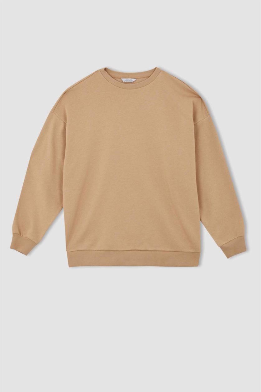 FEMME Beige Sweat-shirt en tissu épais à manches longues et col rond coupe oversize