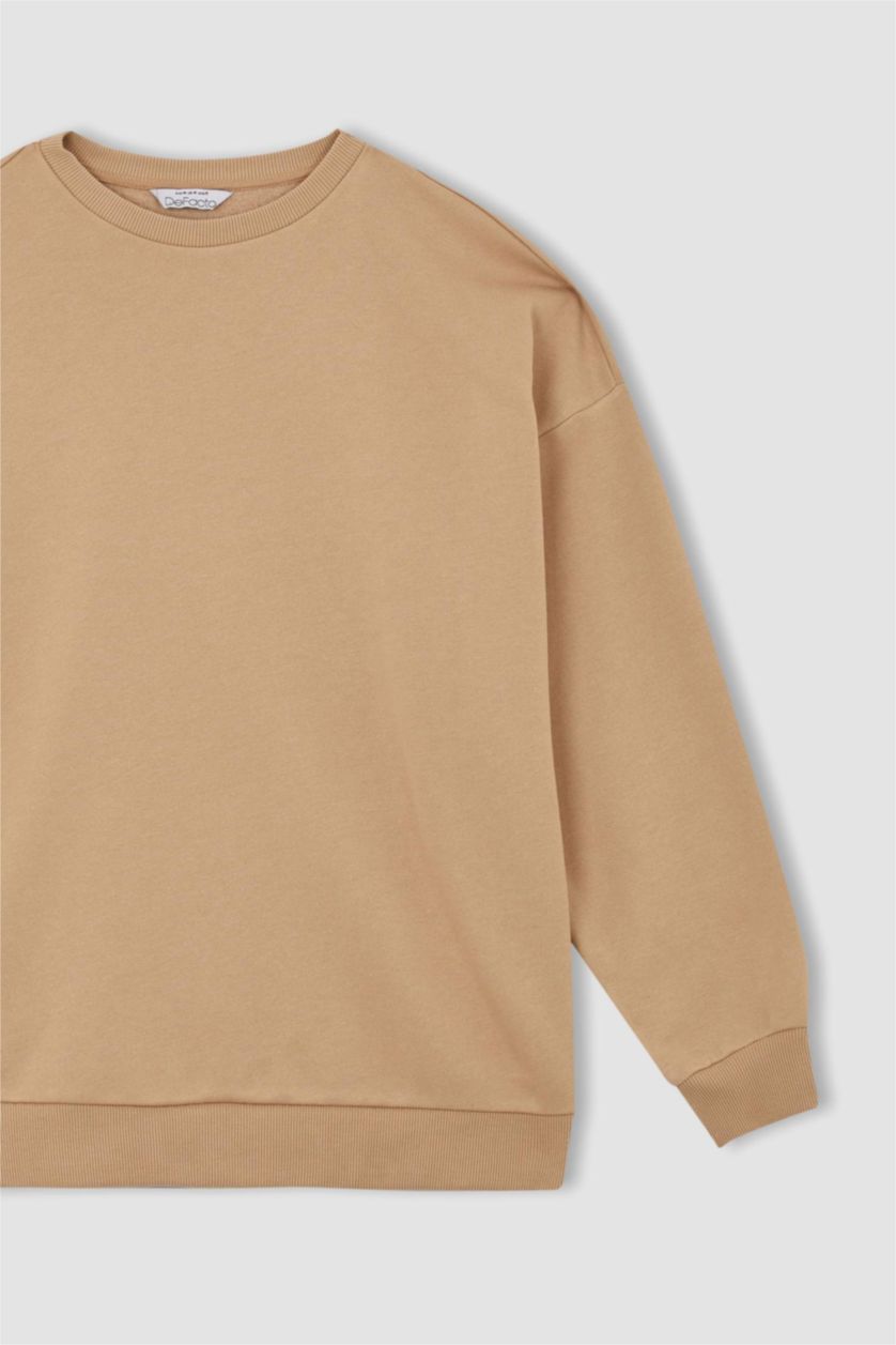FEMME Beige Sweat-shirt en tissu épais à manches longues et col rond coupe oversize