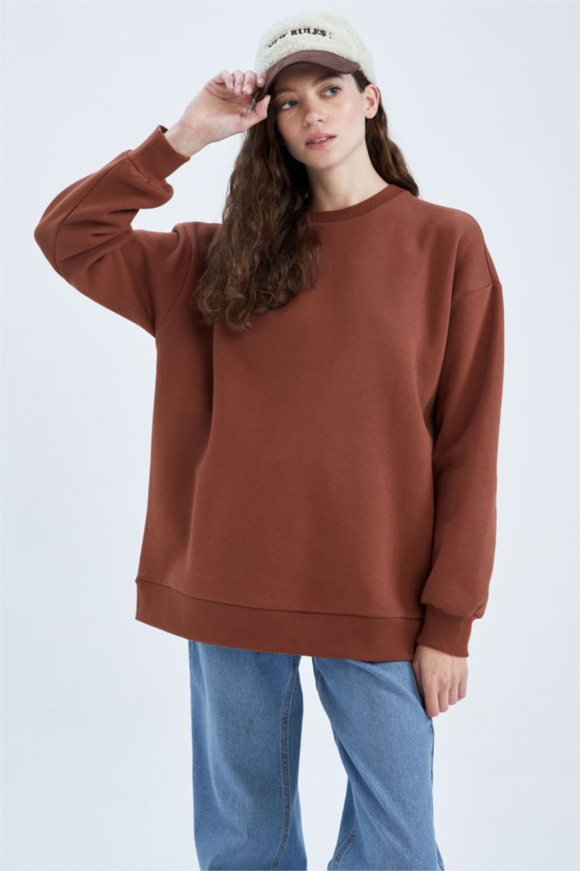 نساء لون الأقرفة سويت شيرت اوفر سايز بياقة مستديرة