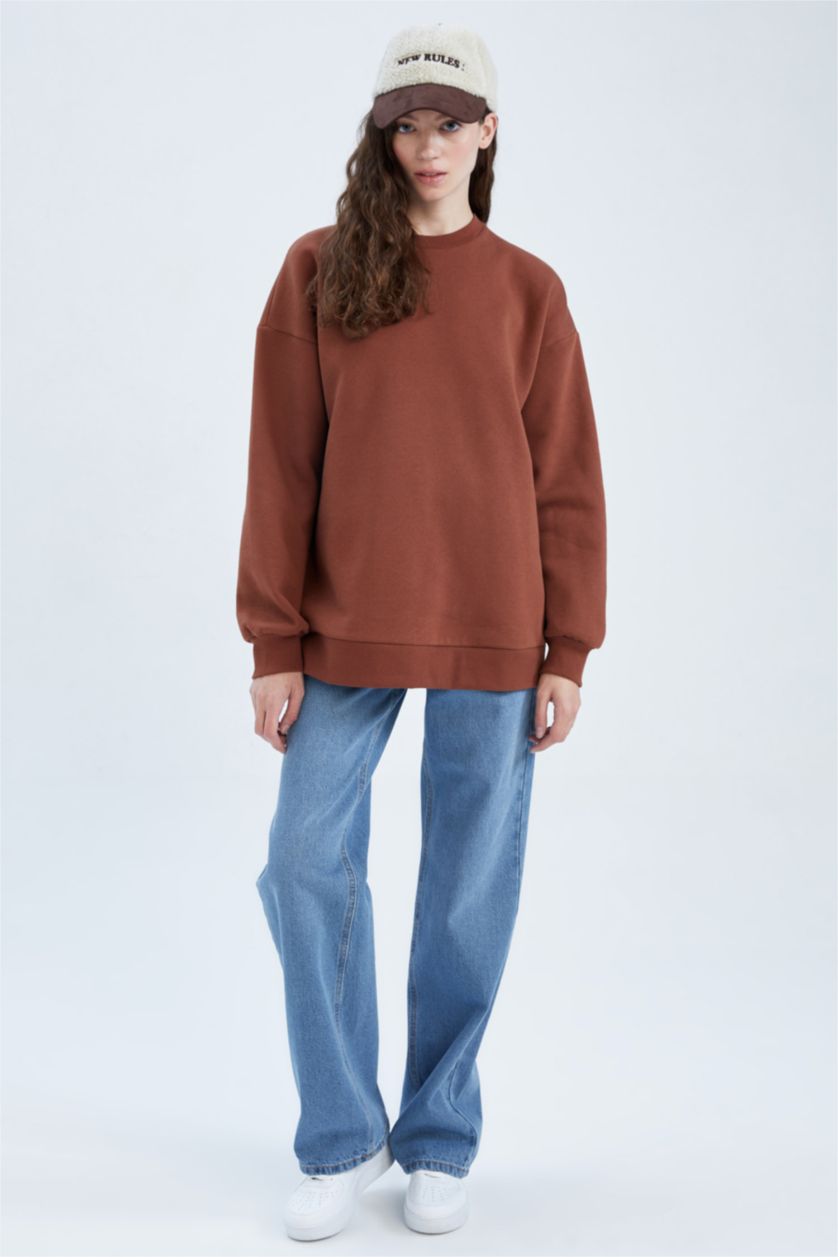 نساء لون الأقرفة سويت شيرت اوفر سايز بياقة مستديرة