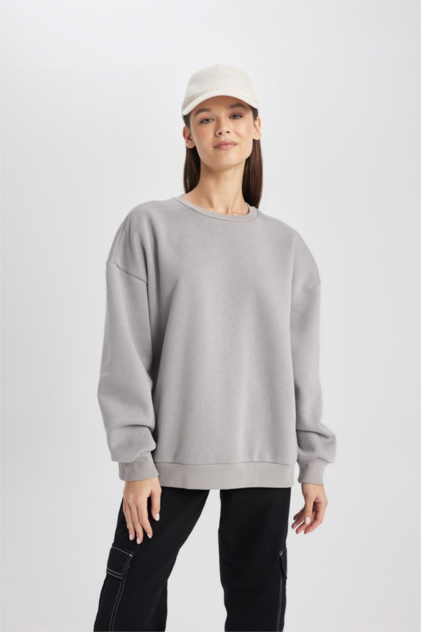 WOMAN Grey Oversize Fit Crew Neck Thick Fabric Basic Sweatshirt