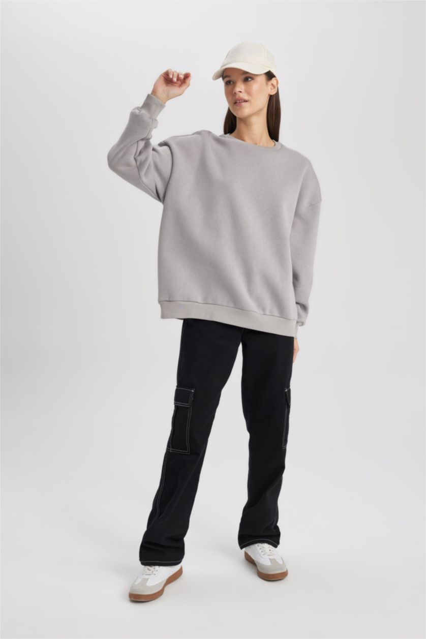 WOMAN Grey Oversize Fit Crew Neck Thick Fabric Basic Sweatshirt