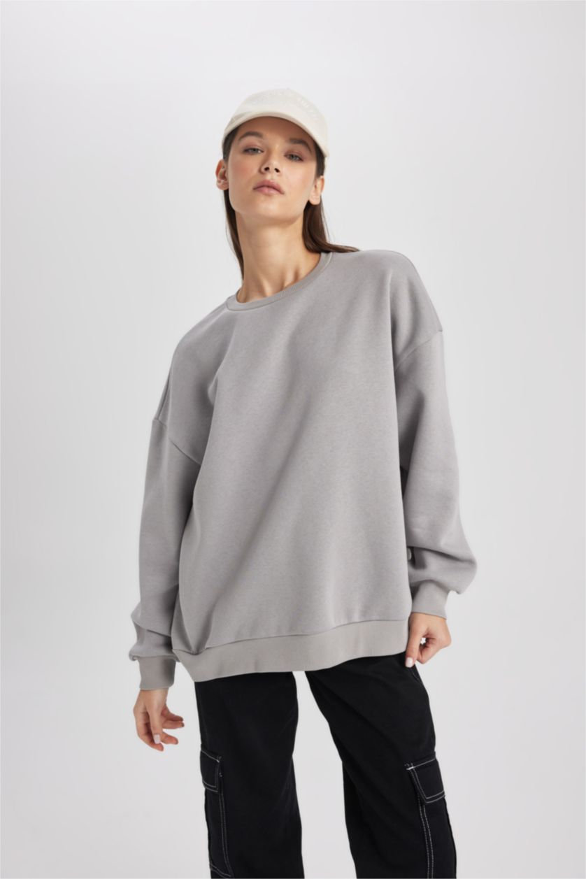 WOMAN Grey Oversize Fit Crew Neck Thick Fabric Basic Sweatshirt