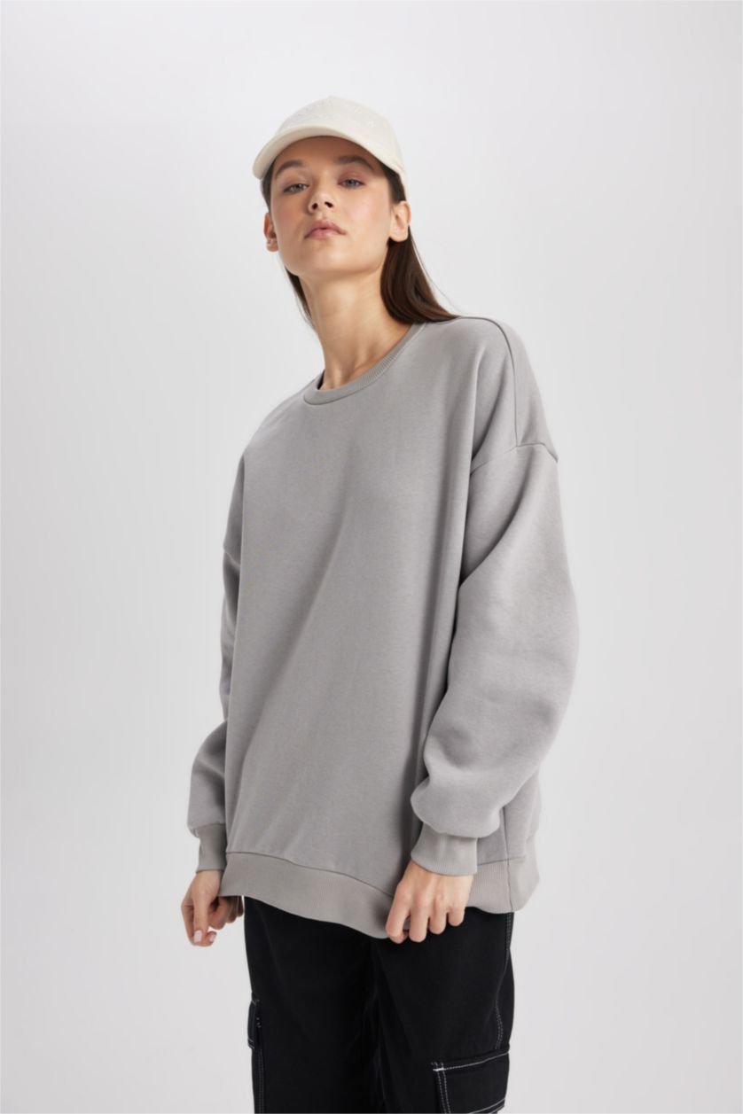 WOMAN Grey Oversize Fit Crew Neck Thick Fabric Basic Sweatshirt