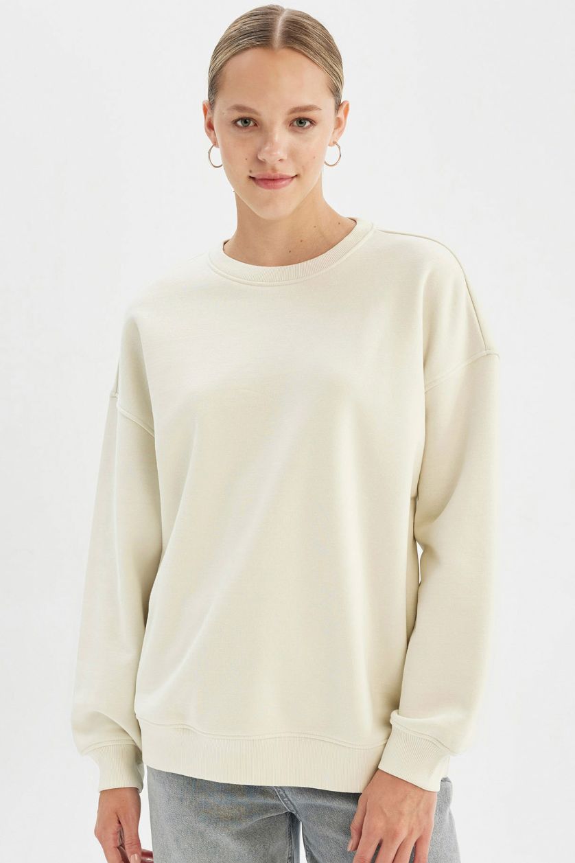 Kadın Ekru Oversize Geniş Kalıp Bisiklet Yaka Kalın Basic Düz Sweatshirt