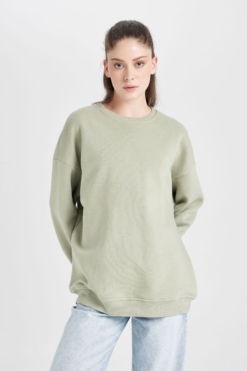 Kadın Yeşil Oversize Geniş Kalıp Bisiklet Yaka Kalın Basic Düz Sweatshirt