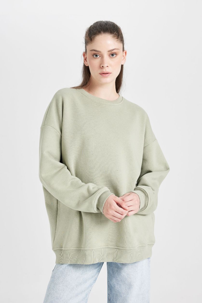 Kadın Yeşil Oversize Geniş Kalıp Bisiklet Yaka Kalın Basic Düz Sweatshirt