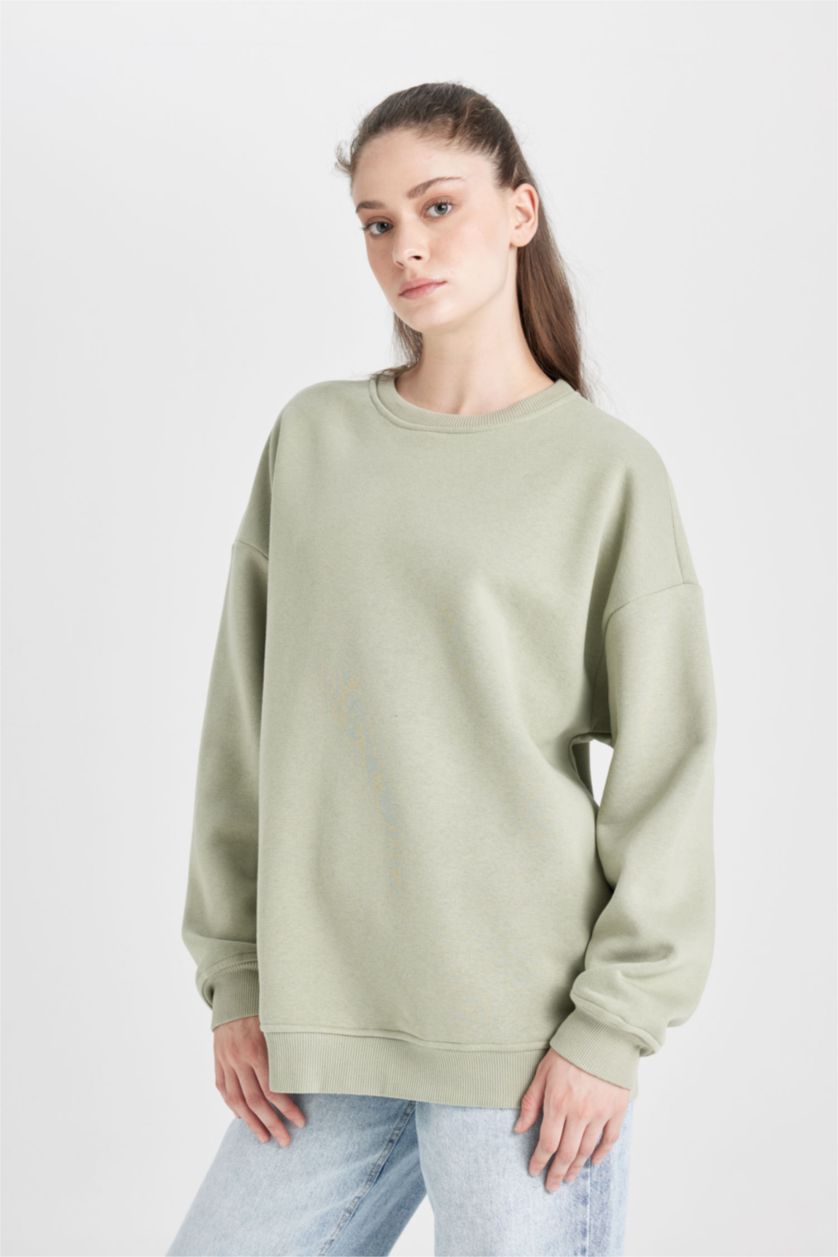 Kadın Yeşil Oversize Geniş Kalıp Bisiklet Yaka Kalın Basic Düz Sweatshirt