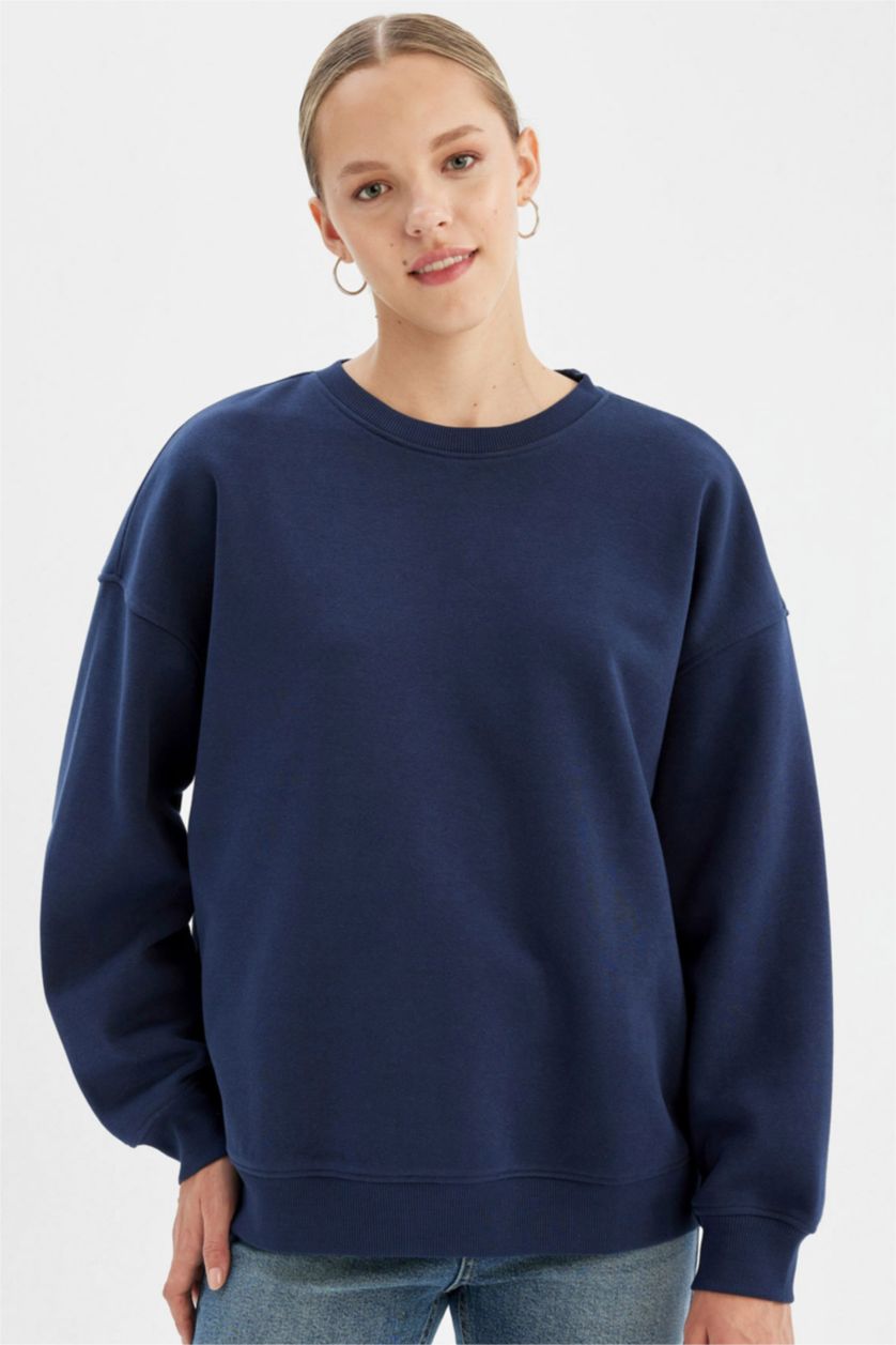 Kadın Lacivert Oversize Geniş Kalıp Bisiklet Yaka Kalın Basic Düz Sweatshirt
