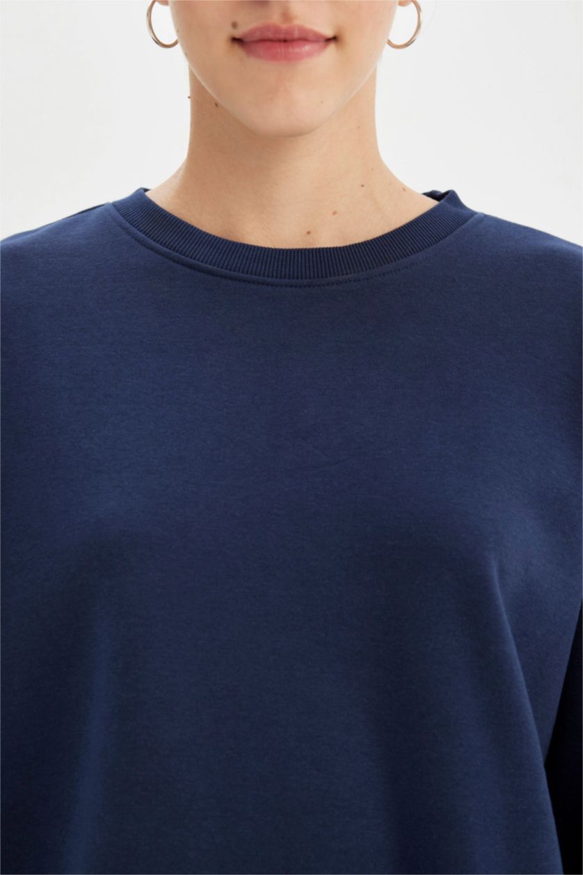 Kadın Lacivert Oversize Geniş Kalıp Bisiklet Yaka Kalın Basic Düz Sweatshirt