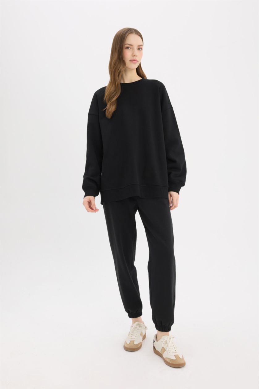 WOMAN Black Oversize Crew Neck Basic Thick Sweatshirt