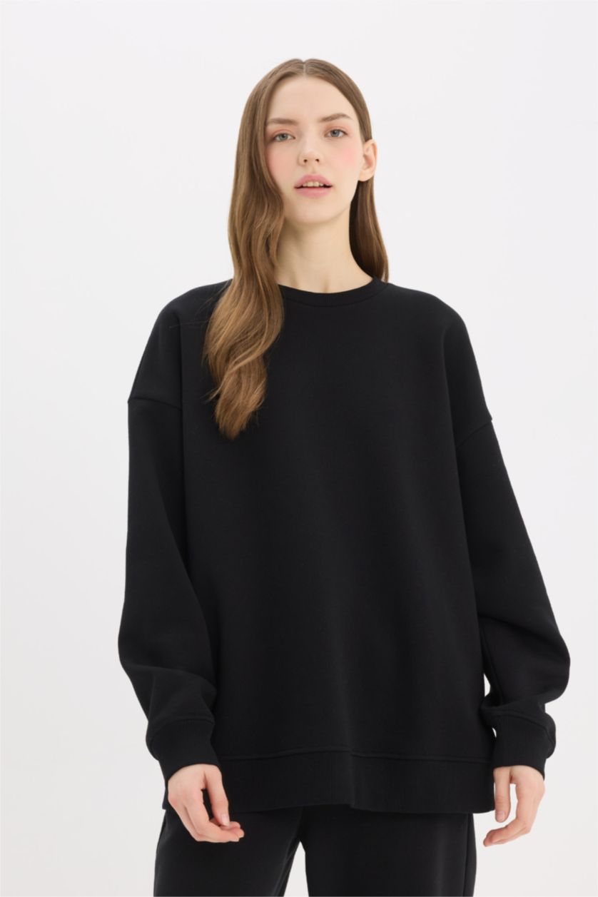 WOMAN Black Oversize Crew Neck Basic Thick Sweatshirt