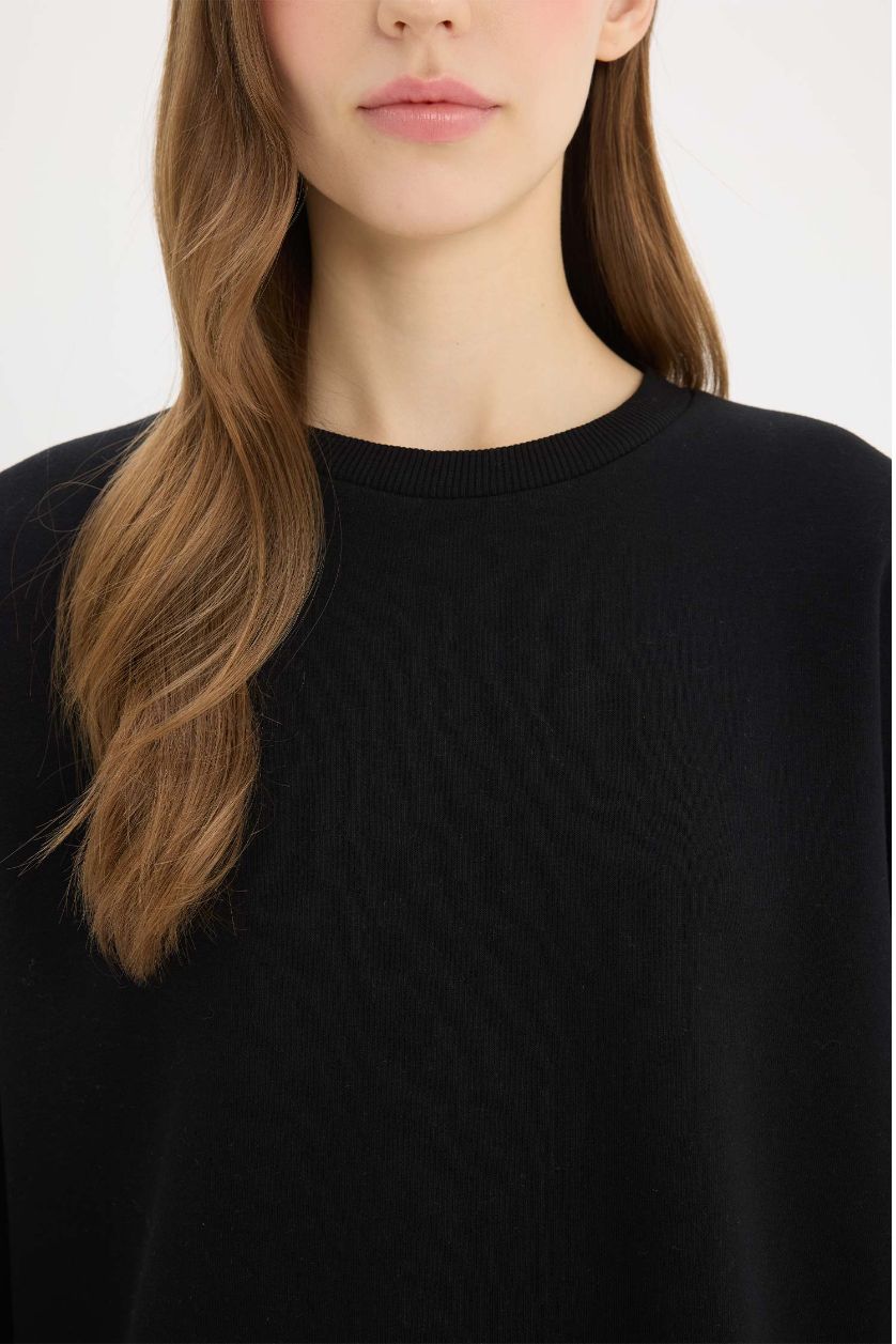 WOMAN Black Oversize Crew Neck Basic Thick Sweatshirt
