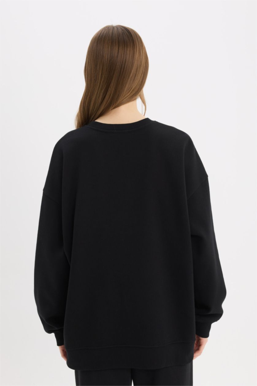 WOMAN Black Oversize Crew Neck Basic Thick Sweatshirt