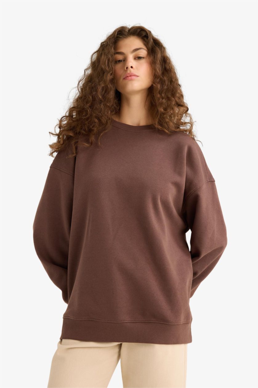 Женщины Коричневый Толстая толстовка Oversize для школы с круглым вырезом и из плотной ткани