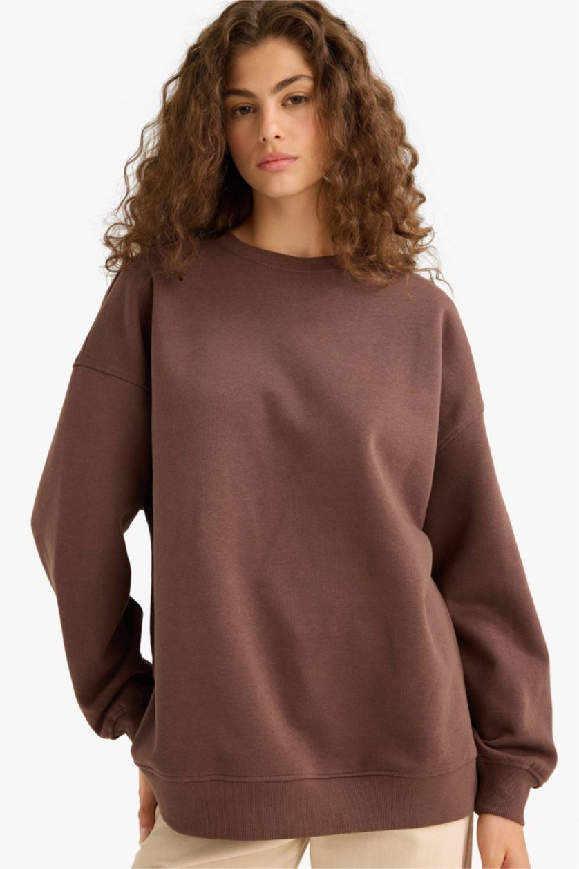 Женщины Коричневый Толстая толстовка Oversize для школы с круглым вырезом и из плотной ткани