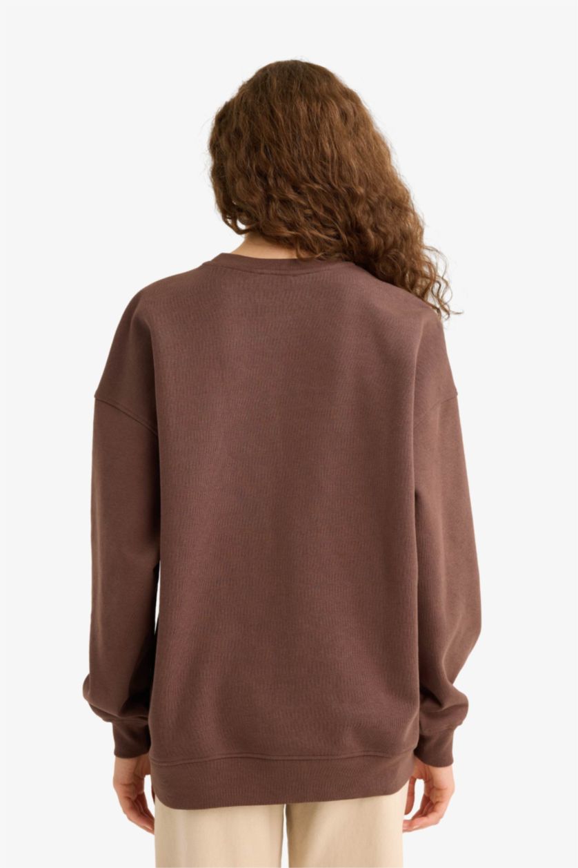 Женщины Коричневый Толстая толстовка Oversize для школы с круглым вырезом и из плотной ткани