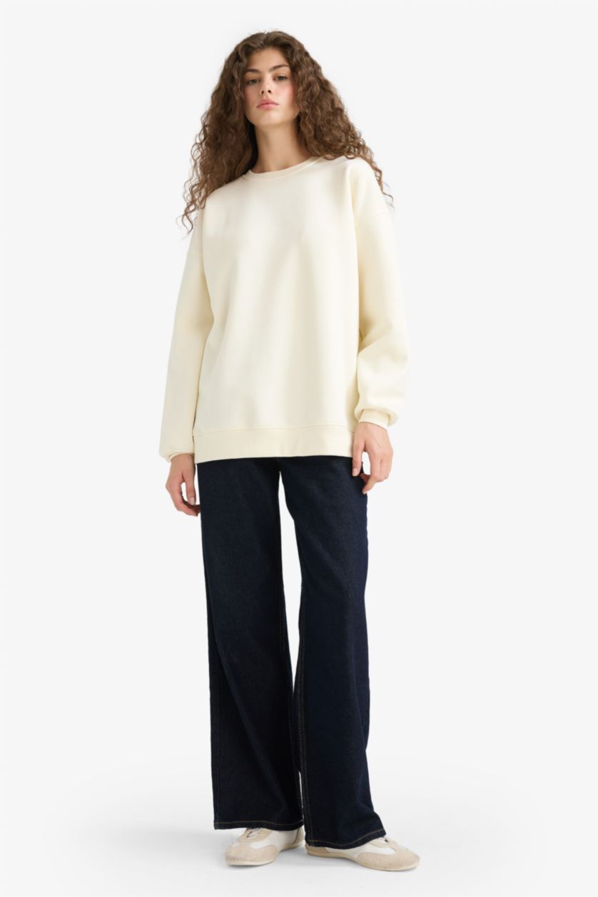 Женщины Бежевый Толстая толстовка Oversize для школы с круглым вырезом и из плотной ткани