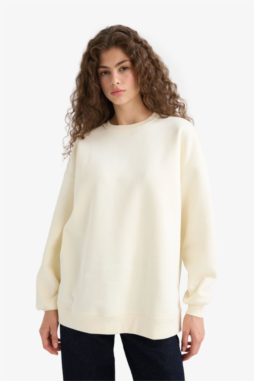 Женщины Бежевый Толстая толстовка Oversize для школы с круглым вырезом и из плотной ткани